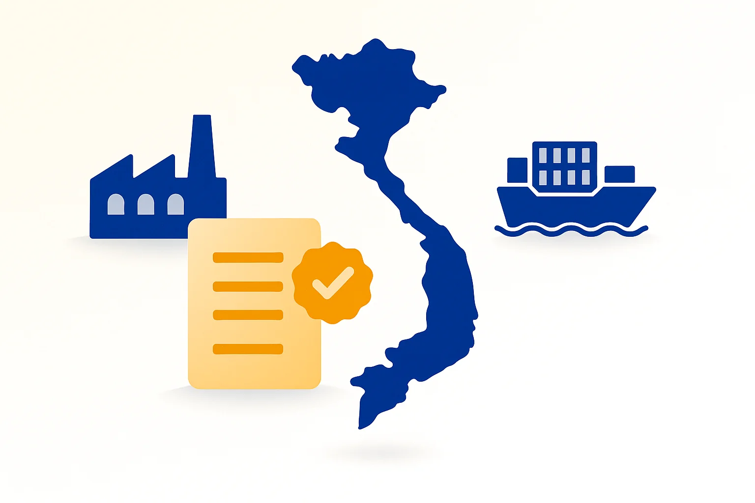 Vietnam B2B sourcing concept showing factory, container ship and verified RFQ document with checkmark badge — alternative to Alibaba for verified Vietnamese exporters