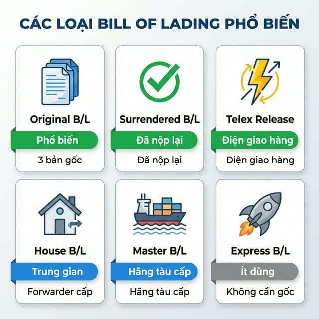 Các loại Bill of Lading phổ biến: Original, Surrendered, Sea Waybill, Master/House B/L