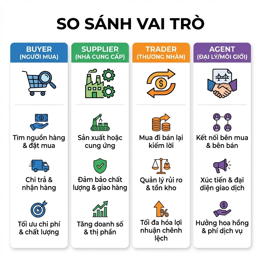 So sánh Buyer với các vai trò khác trong thương mại quốc tế