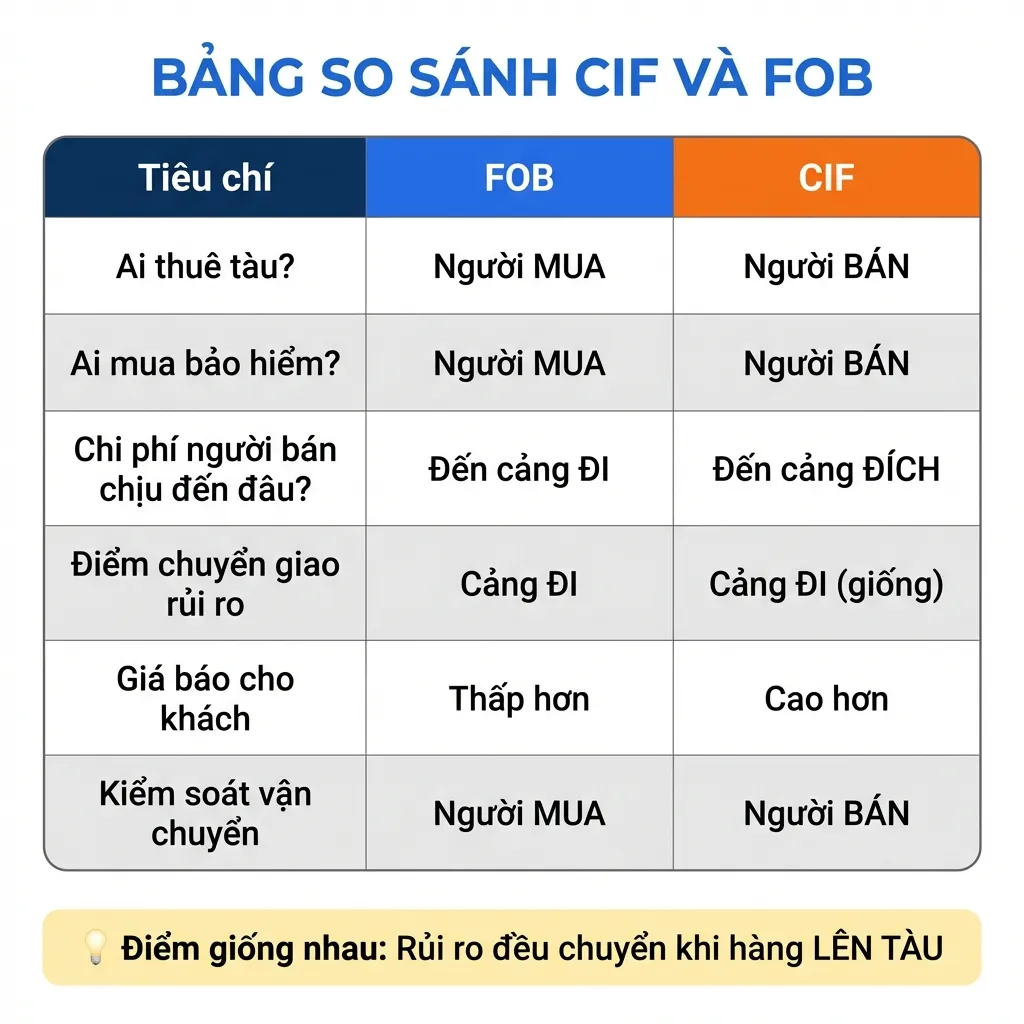 Bảng so sánh chi tiết sự khác nhau giữa điều kiện CIF và FOB