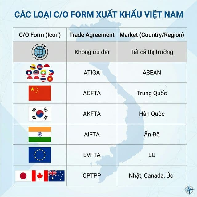 Các loại C/O form phổ biến: EUR.1, Form D, Form E, Form AK