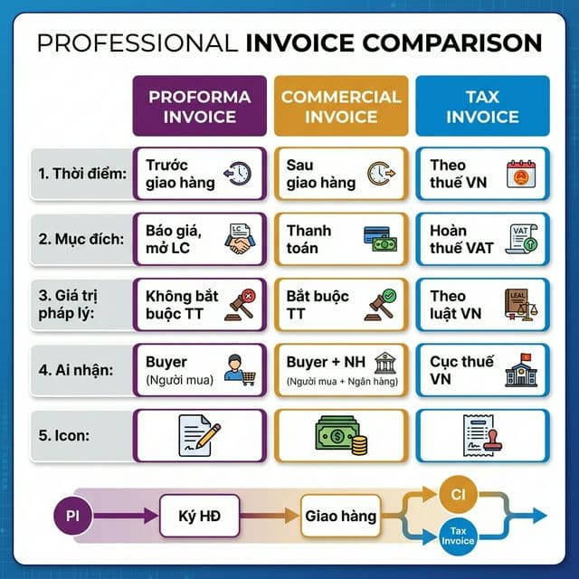 So sánh Commercial Invoice, Proforma Invoice và Tax Invoice