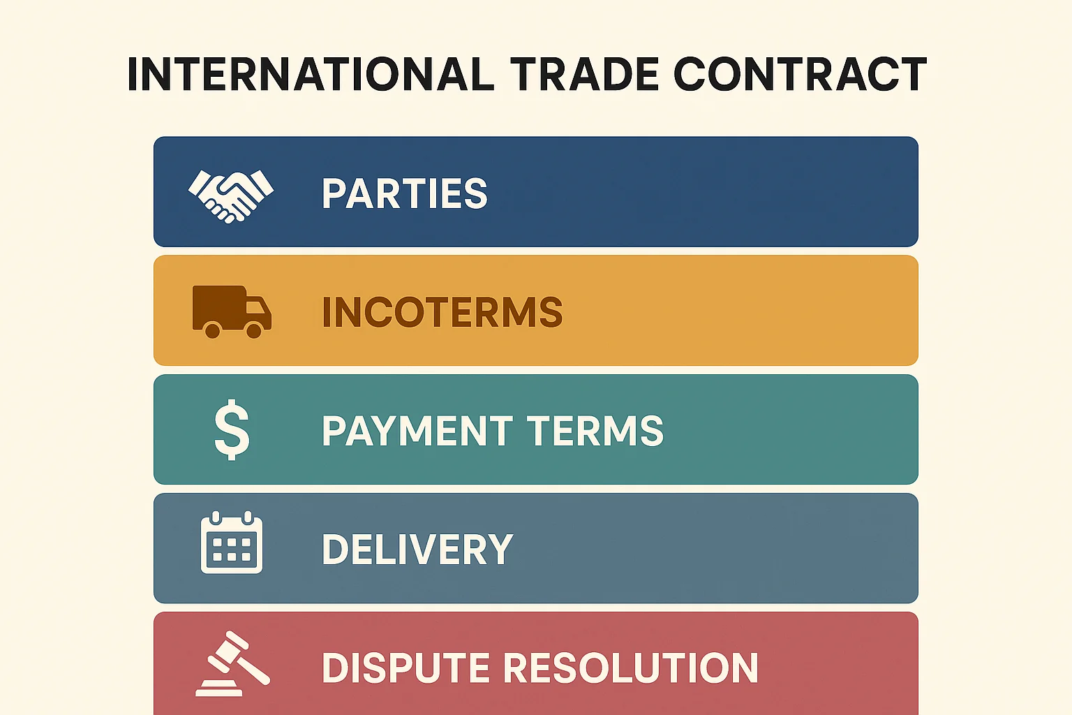Cấu trúc cơ bản của hợp đồng ngoại thương — các bên, Incoterms, điều khoản thanh toán, giao hàng, giải quyết tranh chấp