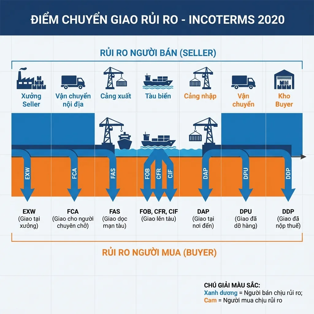 Incoterms 2020 - Điểm chuyển giao rủi ro các điều kiện