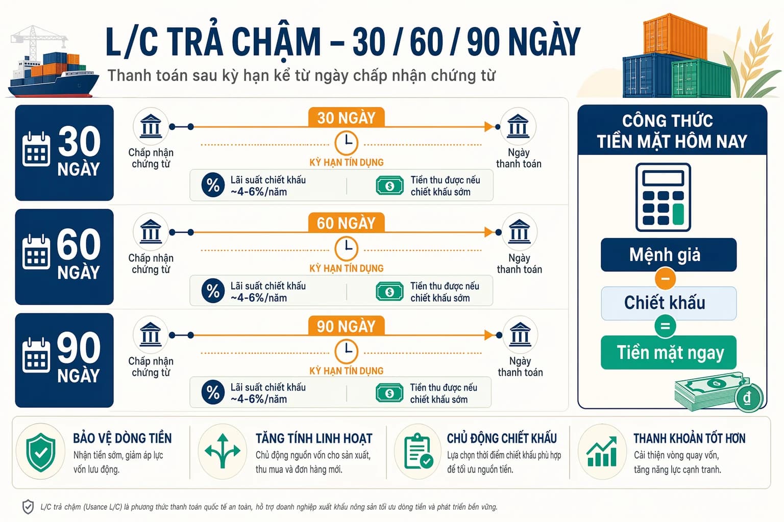 Sơ đồ L/C trả chậm (Usance L/C) — 3 kỳ hạn 30, 60, 90 ngày và công thức chiết khấu Mệnh giá trừ Chiết khấu bằng Tiền mặt ngay cho nhà xuất khẩu Việt Nam