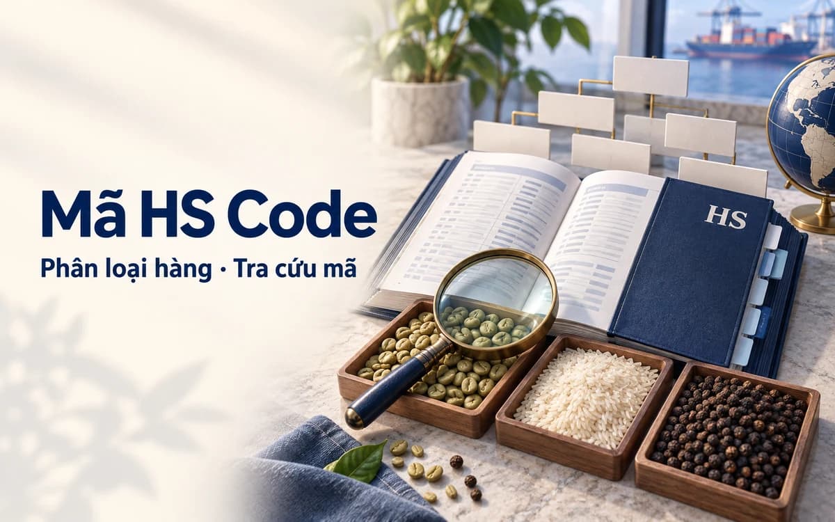 Ảnh minh họa phân loại mẫu cà phê, gạo và hồ tiêu bằng danh mục hàng hóa và kính lúp.