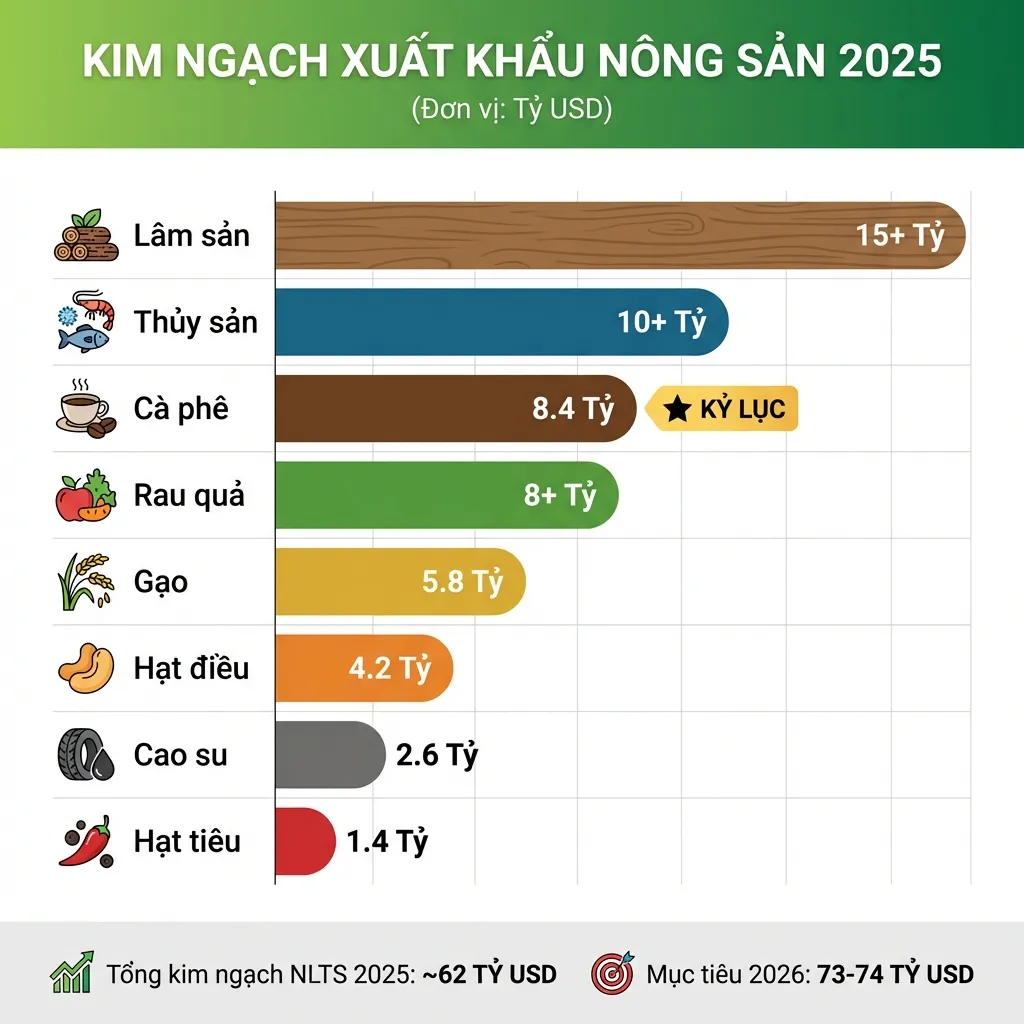 Kim ngạch xuất khẩu nông sản Việt Nam 2025 theo nhóm hàng