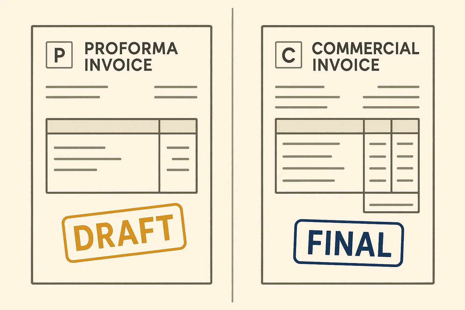 So sánh trực quan Proforma Invoice (DRAFT) và Commercial Invoice (FINAL) — sự khác biệt về mục đích và giá trị pháp lý