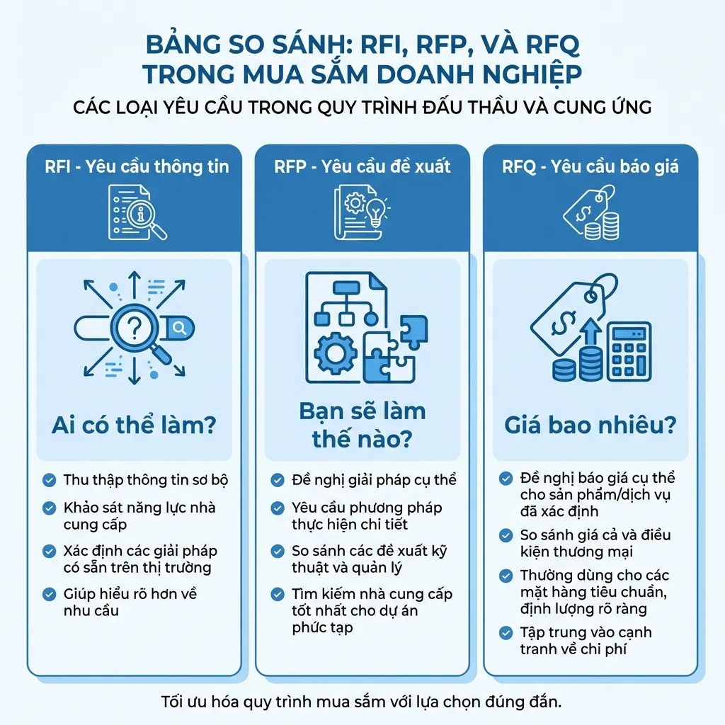 So sánh RFI RFP RFQ - Request for Information, Proposal, Quotation
