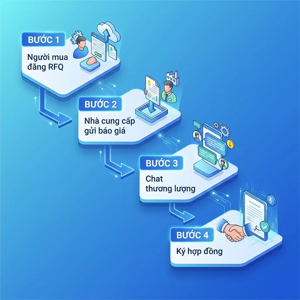 Quy trình 4 bước trên ViRFQ: Đăng RFQ, Gửi báo giá, Chat thương lượng, Ký hợp đồng