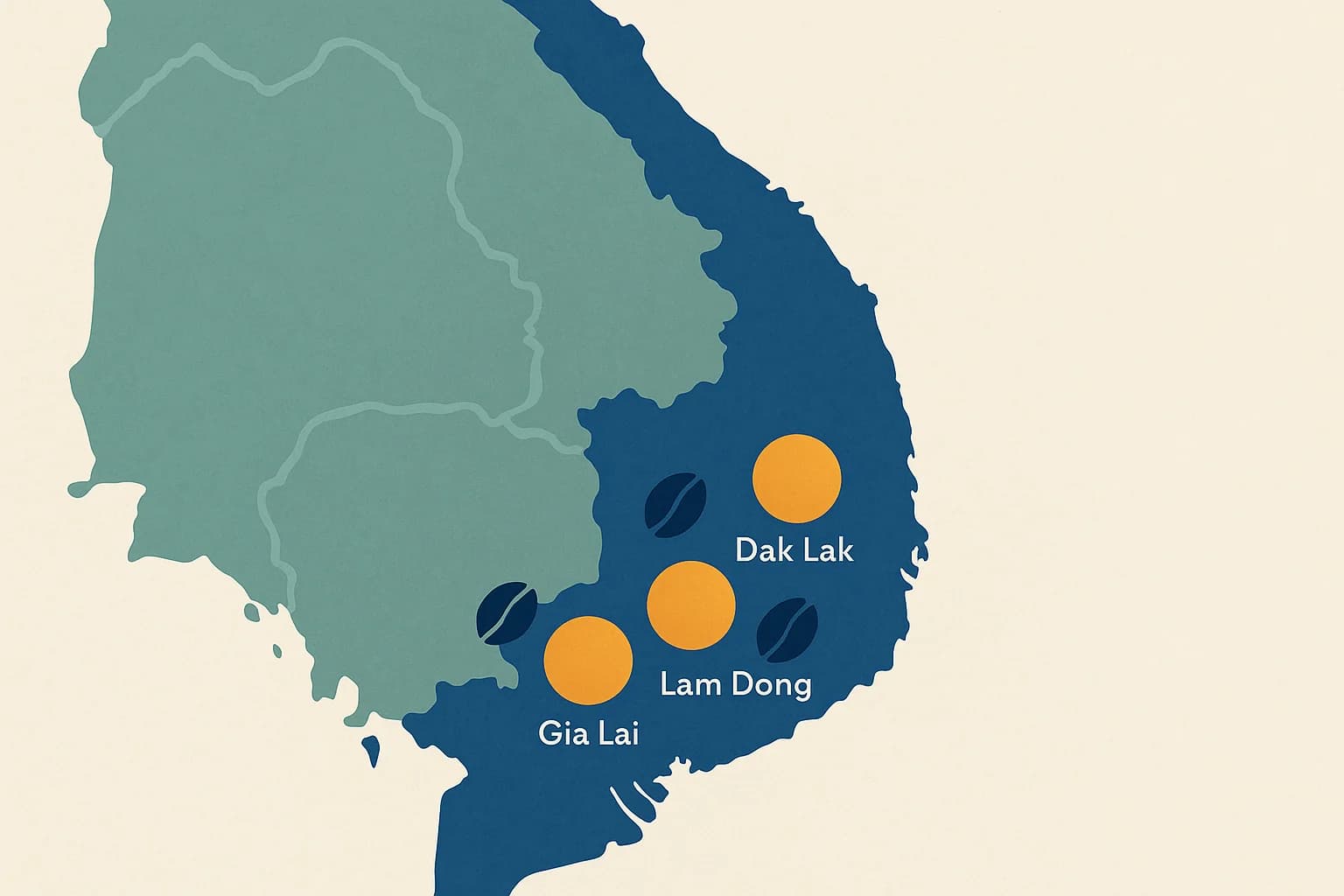Map of Vietnam coffee growing regions — Dak Lak, Lam Dong, Gia Lai in the Central Highlands plus Son La emerging Arabica zones
