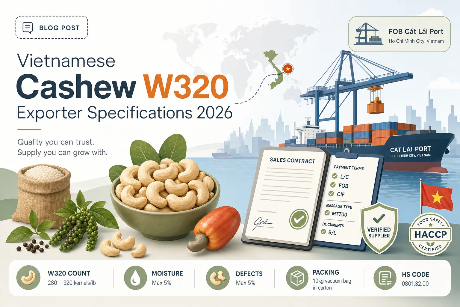 Vietnamese Cashew W320 Exporter Specifications 2026