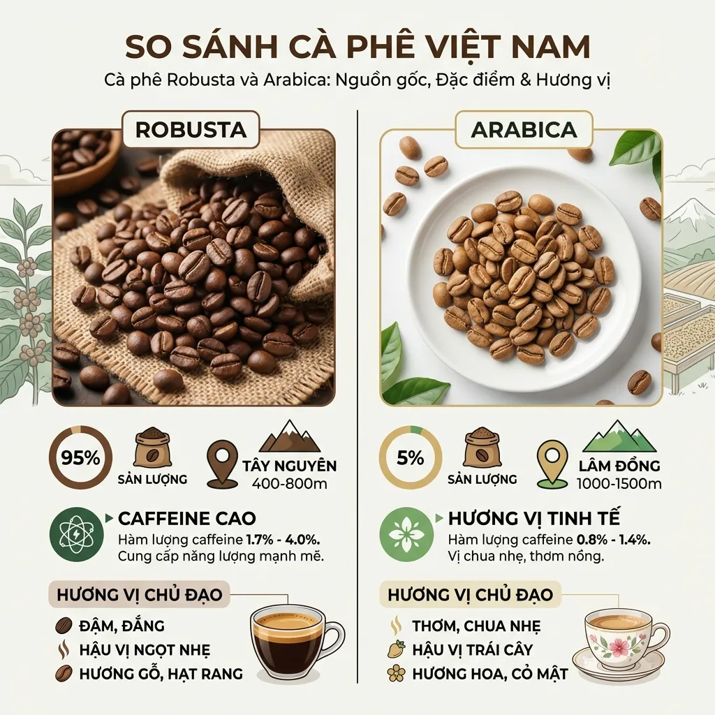 So sánh cà phê Robusta và Arabica Việt Nam