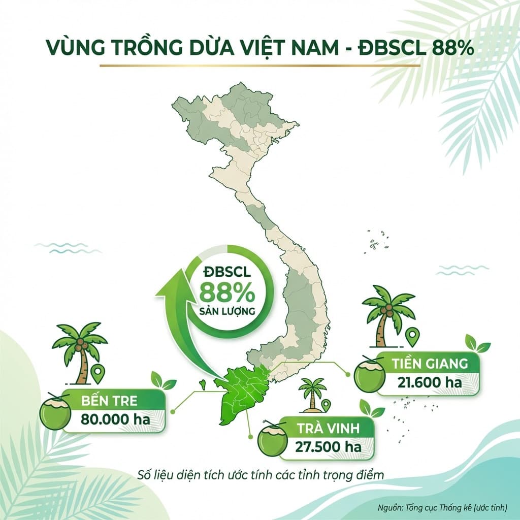 Bản đồ vùng trồng dừa Việt Nam - ĐBSCL 88%