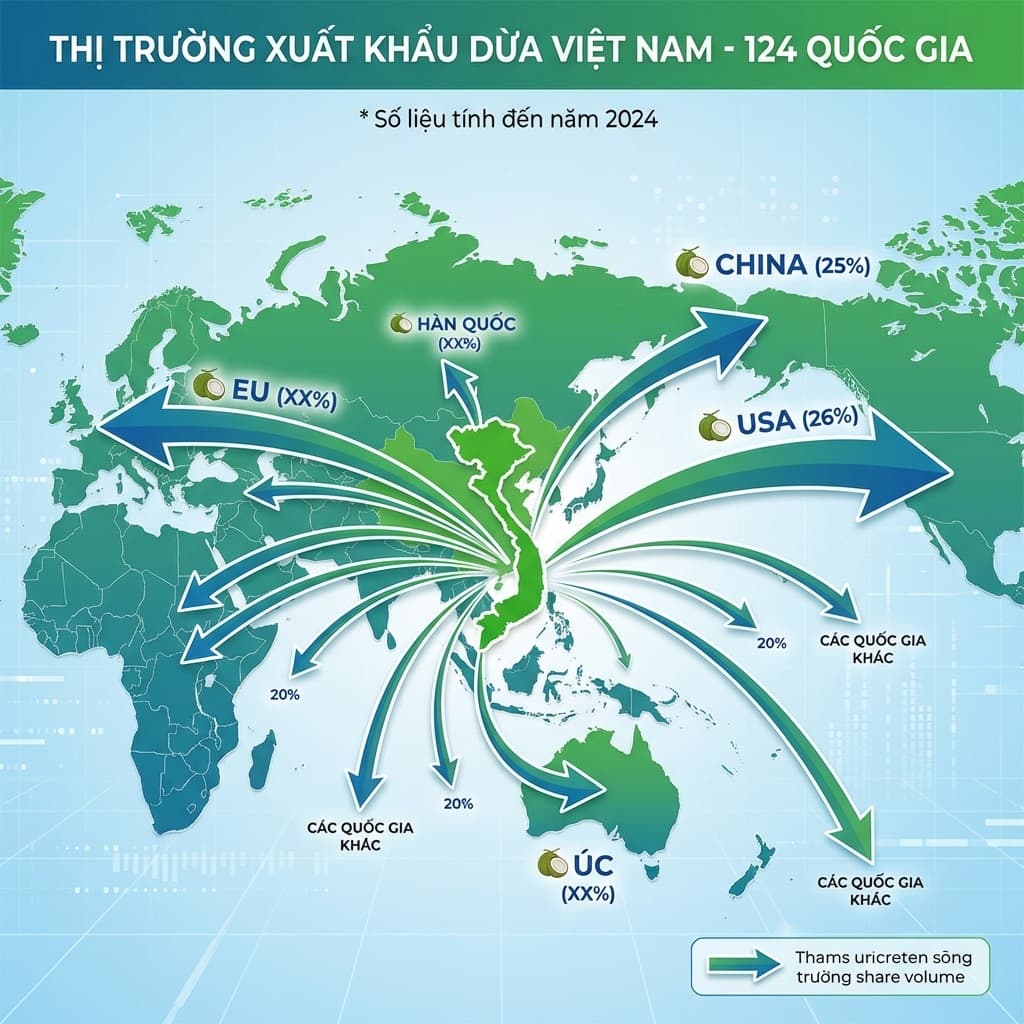 Thị trường xuất khẩu dừa Việt Nam - 124 quốc gia