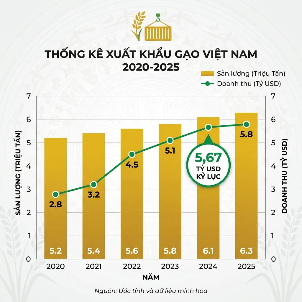 Biểu đồ kim ngạch xuất khẩu gạo Việt Nam 2020-2025