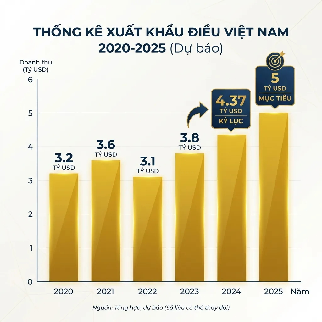 Biểu đồ kim ngạch xuất khẩu hạt điều Việt Nam 2020-2025