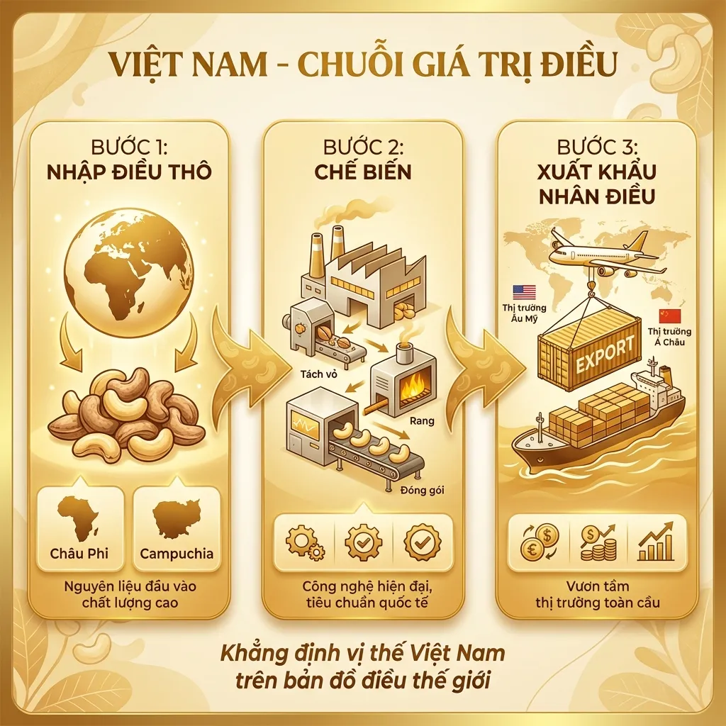 Chuỗi giá trị ngành điều Việt Nam: Nhập điều thô - Chế biến - Xuất khẩu