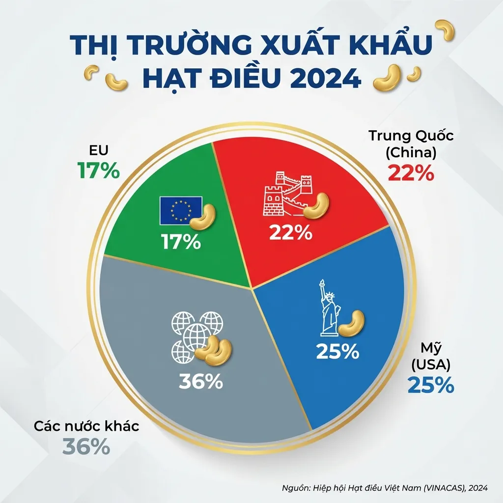 Thị phần các thị trường xuất khẩu hạt điều Việt Nam 2024
