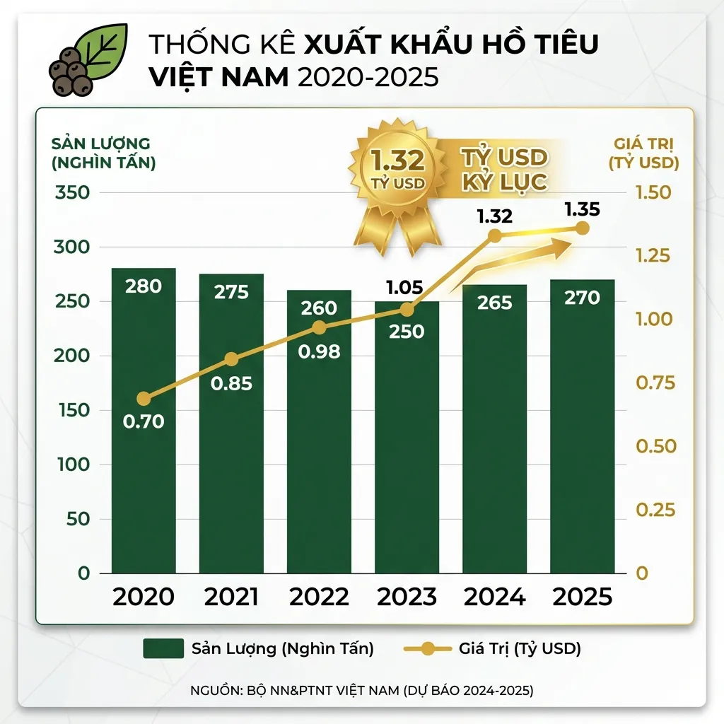 Biểu đồ kim ngạch xuất khẩu hồ tiêu 2020-2025