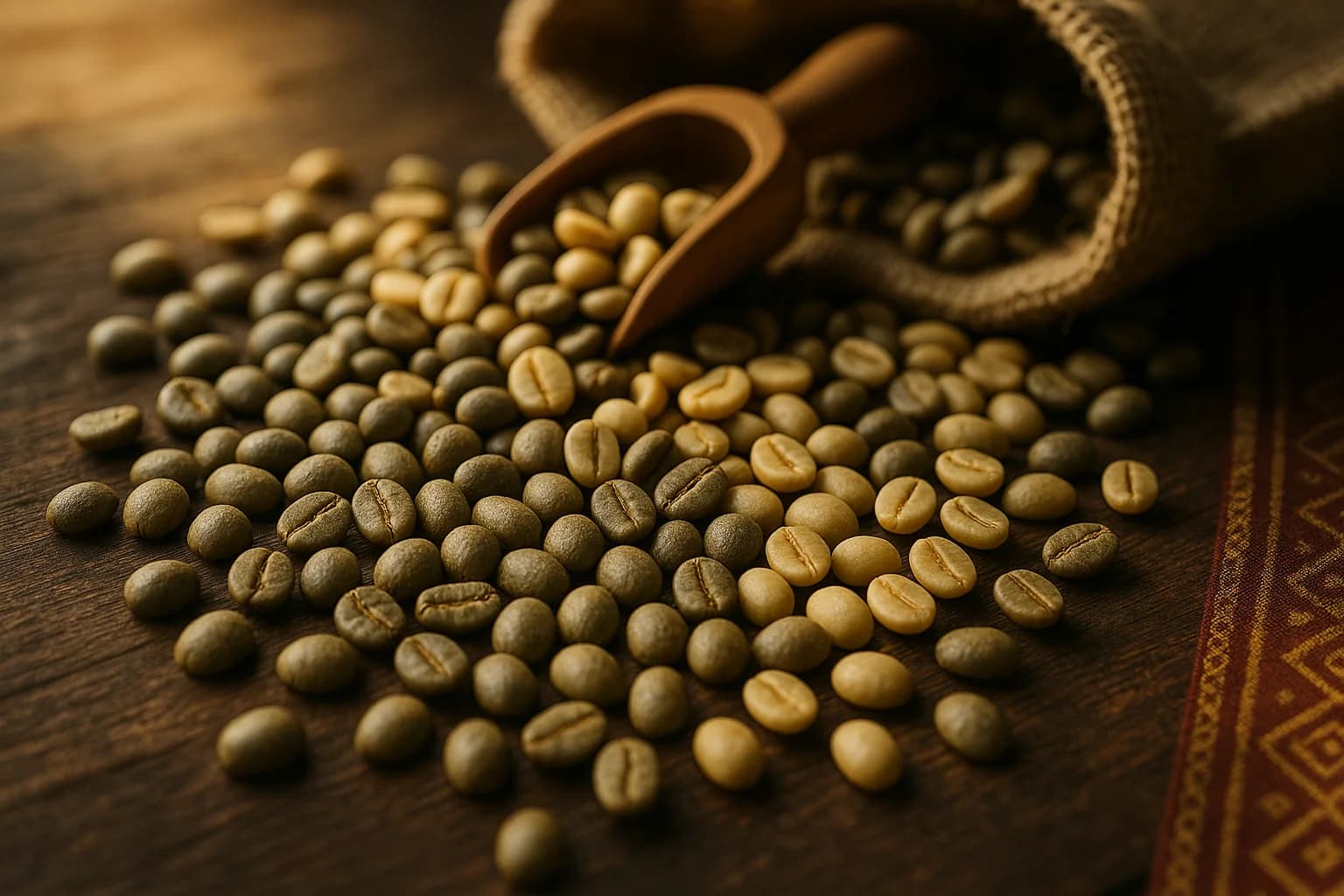 Premium Vietnamese Robusta and Arabica green coffee beans on rustic wooden surface with burlap export sack