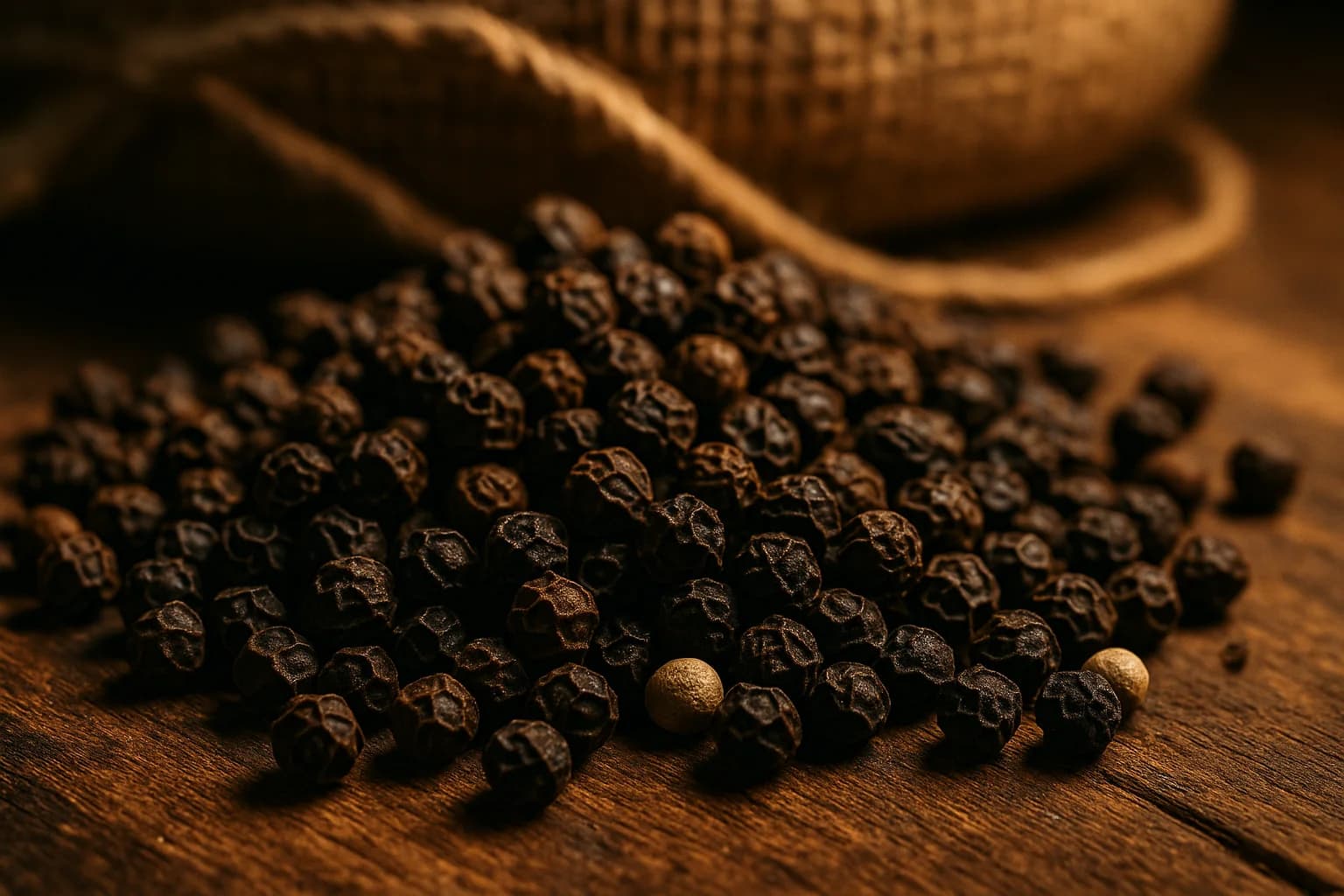 Macro close-up of Vietnamese black peppercorns piled on rustic surface with burlap export sack background