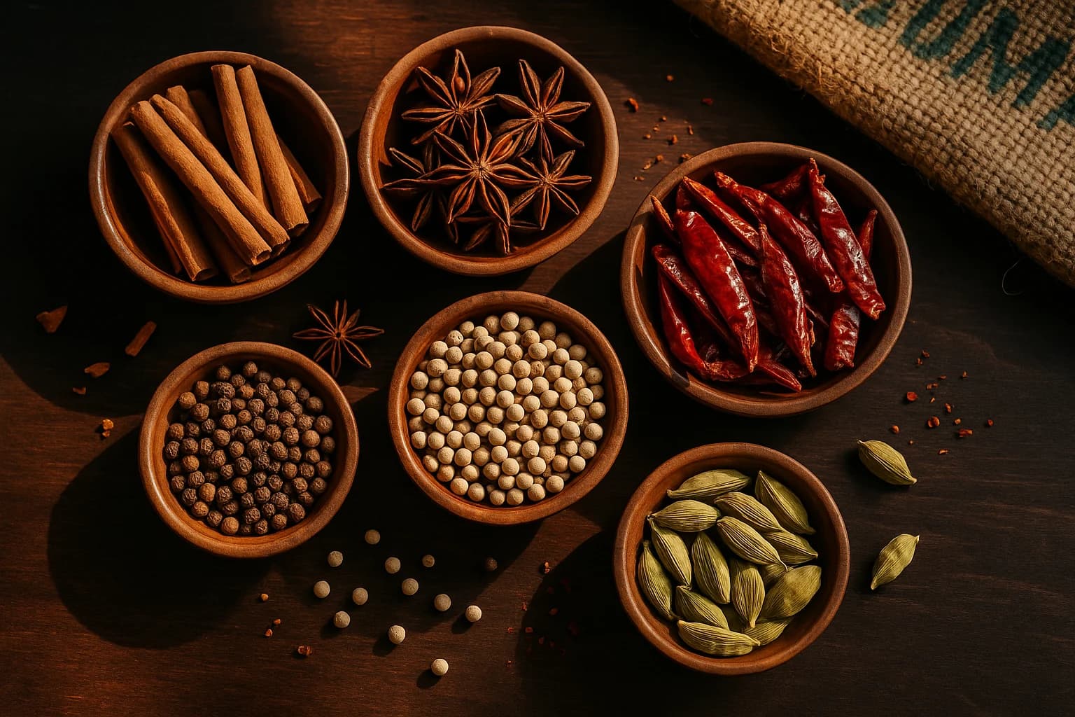 Premium Vietnamese spices arranged in wooden bowls — cassia cinnamon, star anise, peppercorns, dried chilies, cardamom