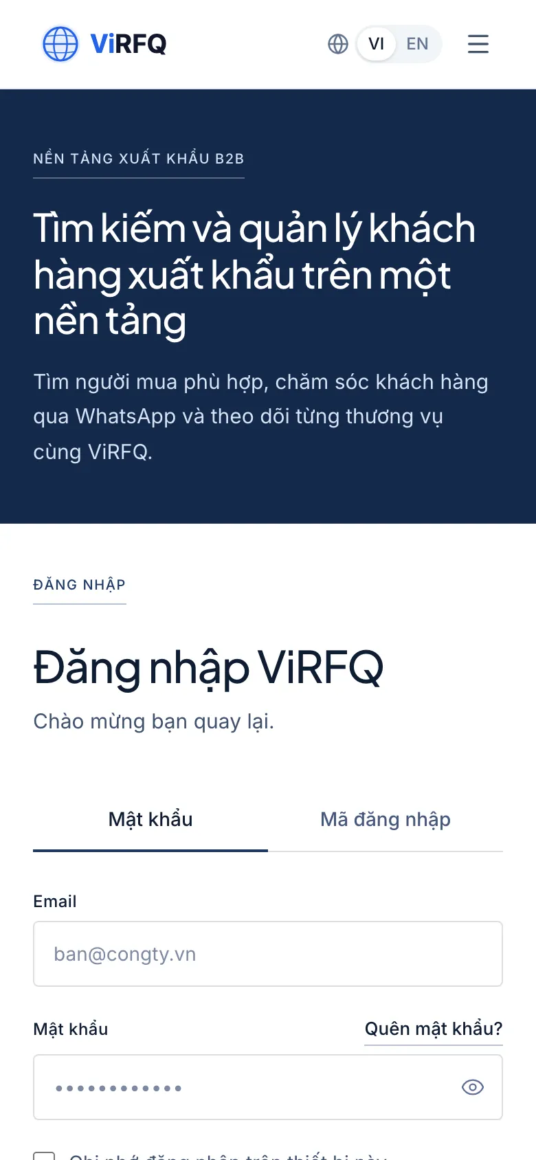 ViRFQ login page on a phone