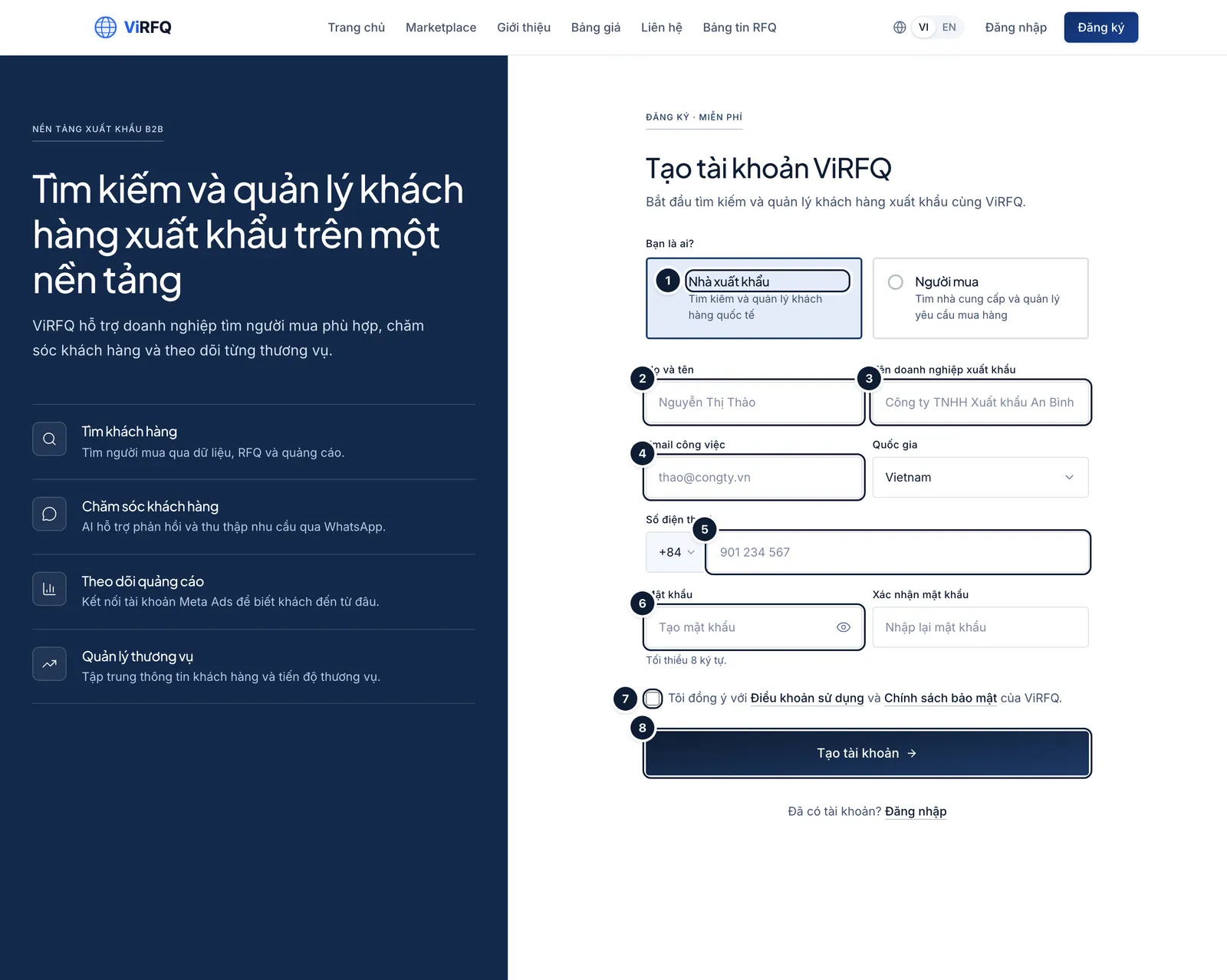 ViRFQ registration page with the Exporter role box (1), full name (2), company name (3), email (4), phone (5), password (6), terms checkbox (7) and the Create account button (8)