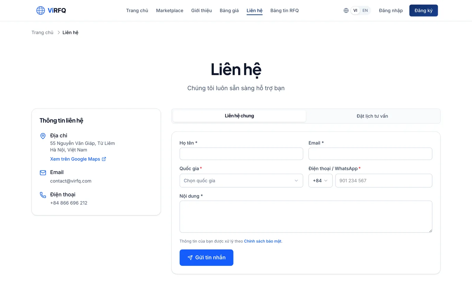The ViRFQ Contact page with the support request form
