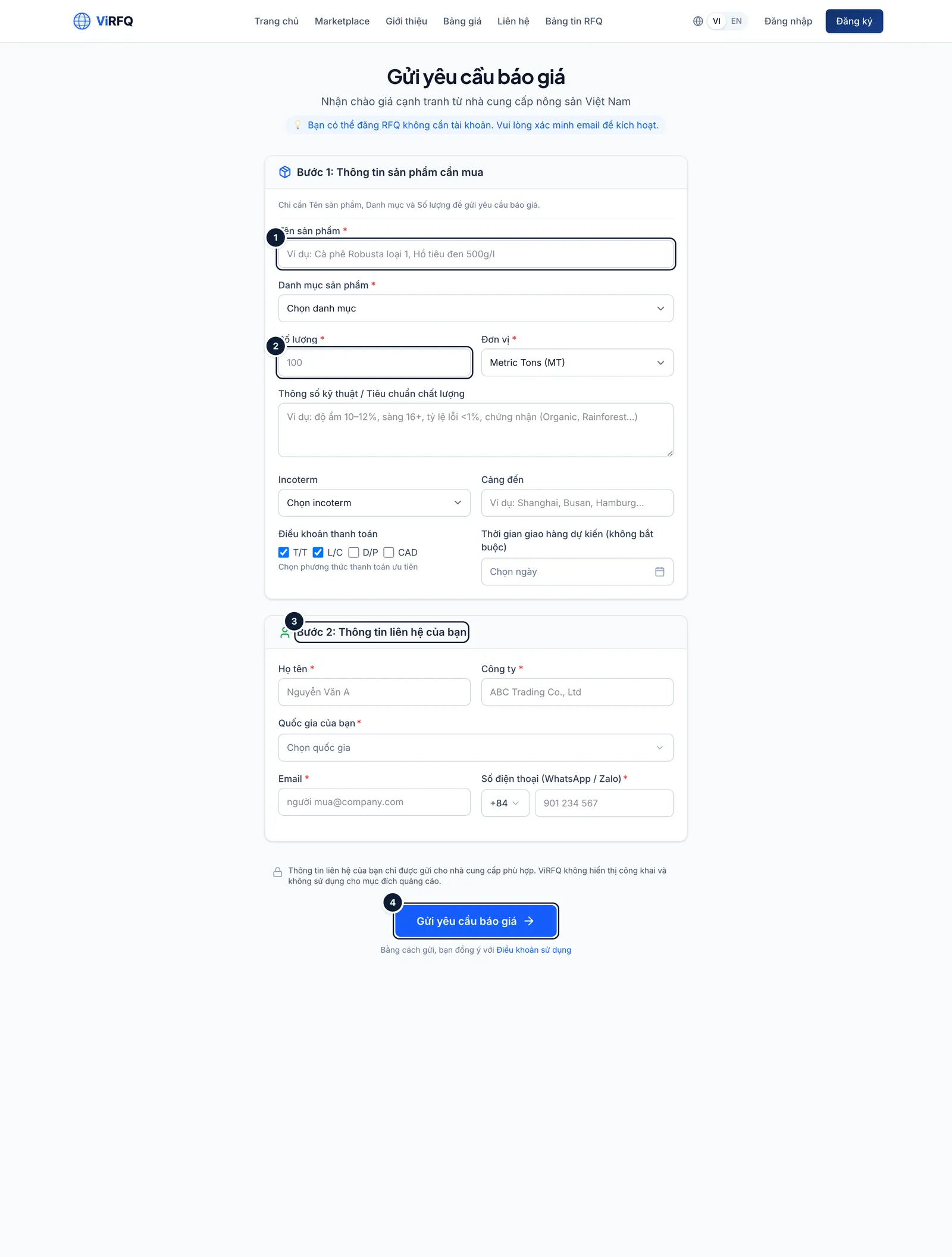The quote request form with the product name field (1), quantity (2), the contact details section (3) and the Request a quote button (4)