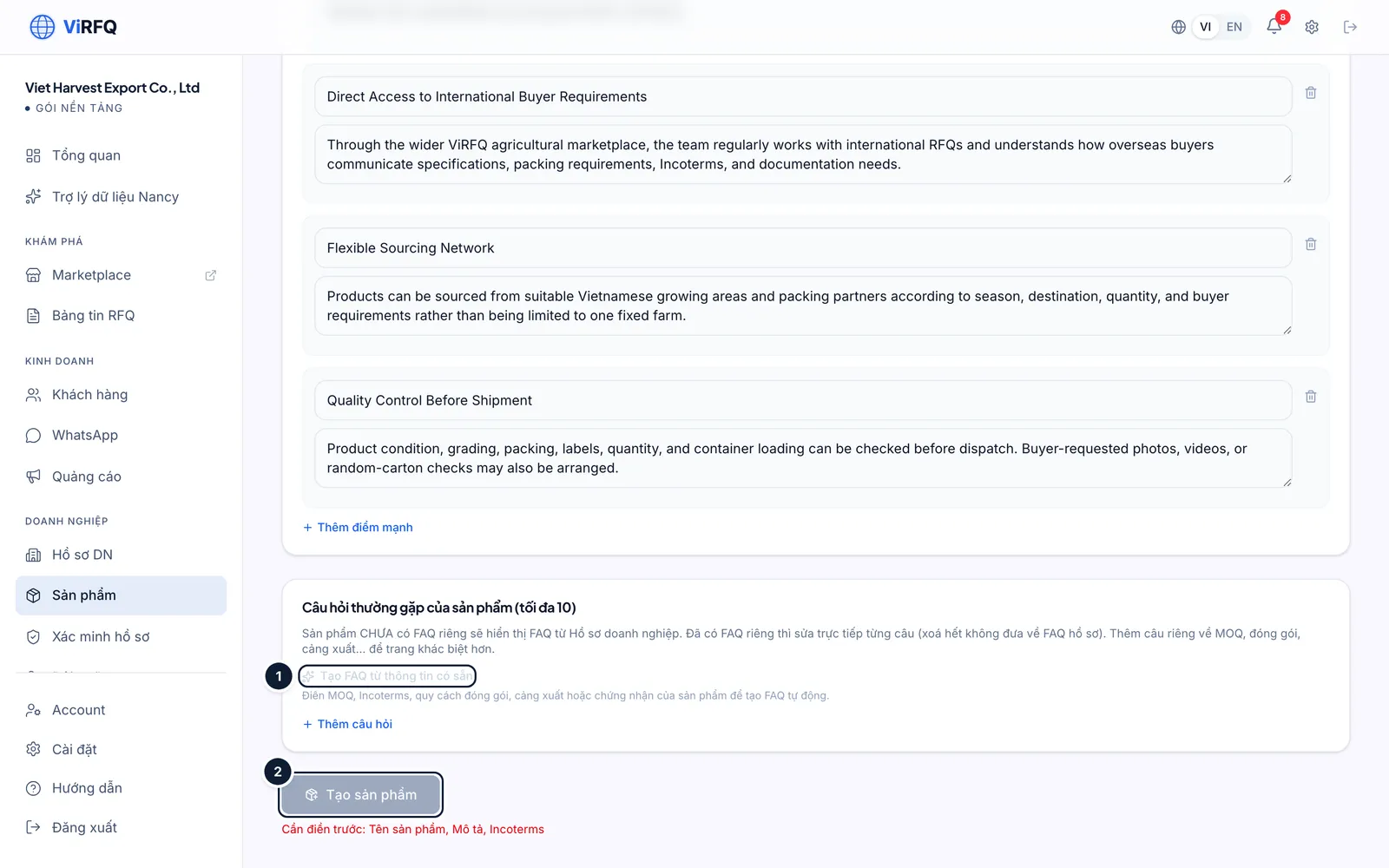 Bottom of the New product page with the Generate FAQ from existing info button (1) and the Create product button (2)