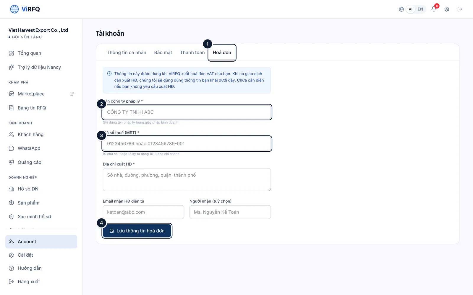 The Invoice tab (1) with the legal company name field (2), tax code (3) and the Save invoice details button (4)