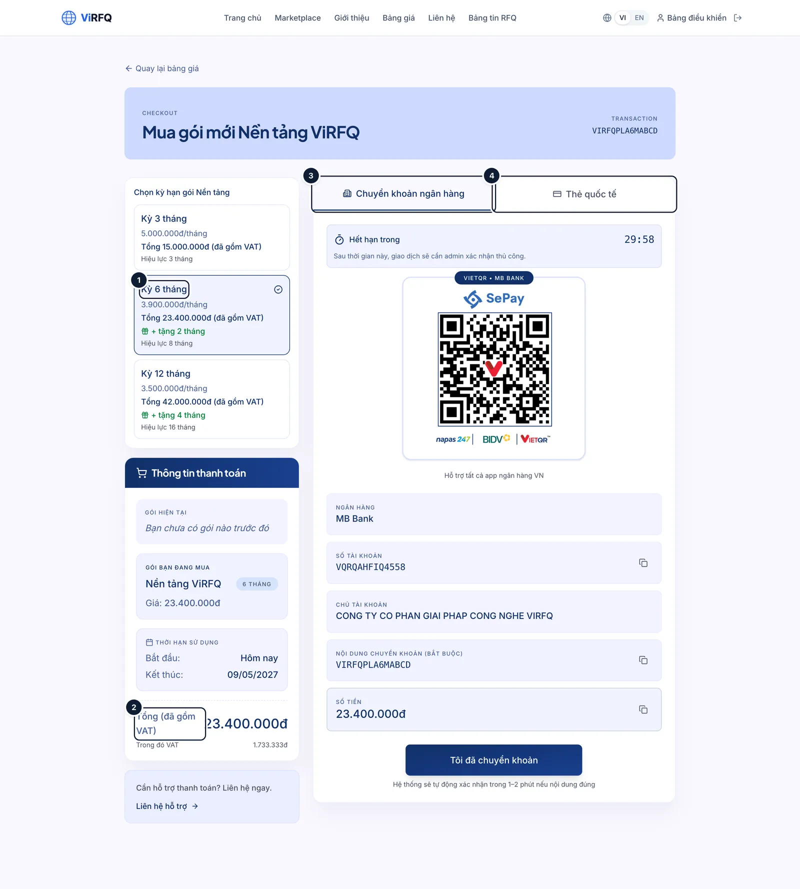 The checkout page with the chosen term (1), the total including VAT (2), the Bank transfer button (3) and International card (4)