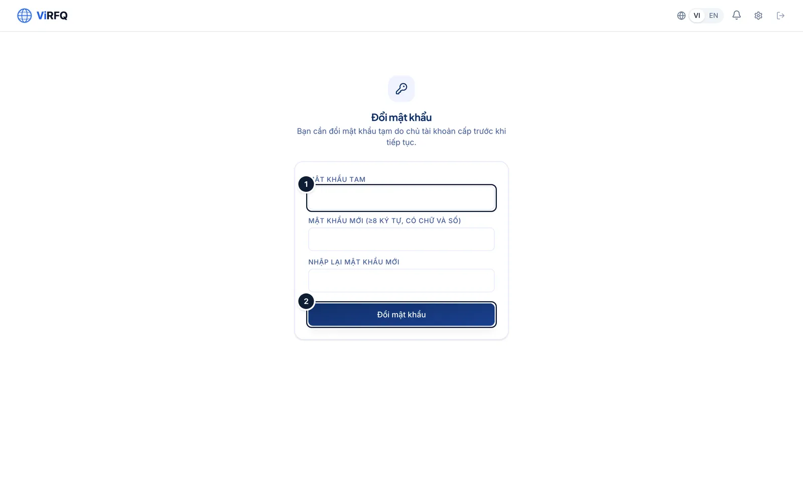 The mandatory password change screen on a staff member’s first sign-in with the password fields (1) and the Change password button (2)