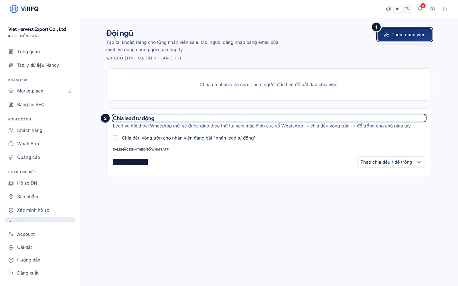The Team page with the Add staff button (1) and the Automatic lead routing block (2)
