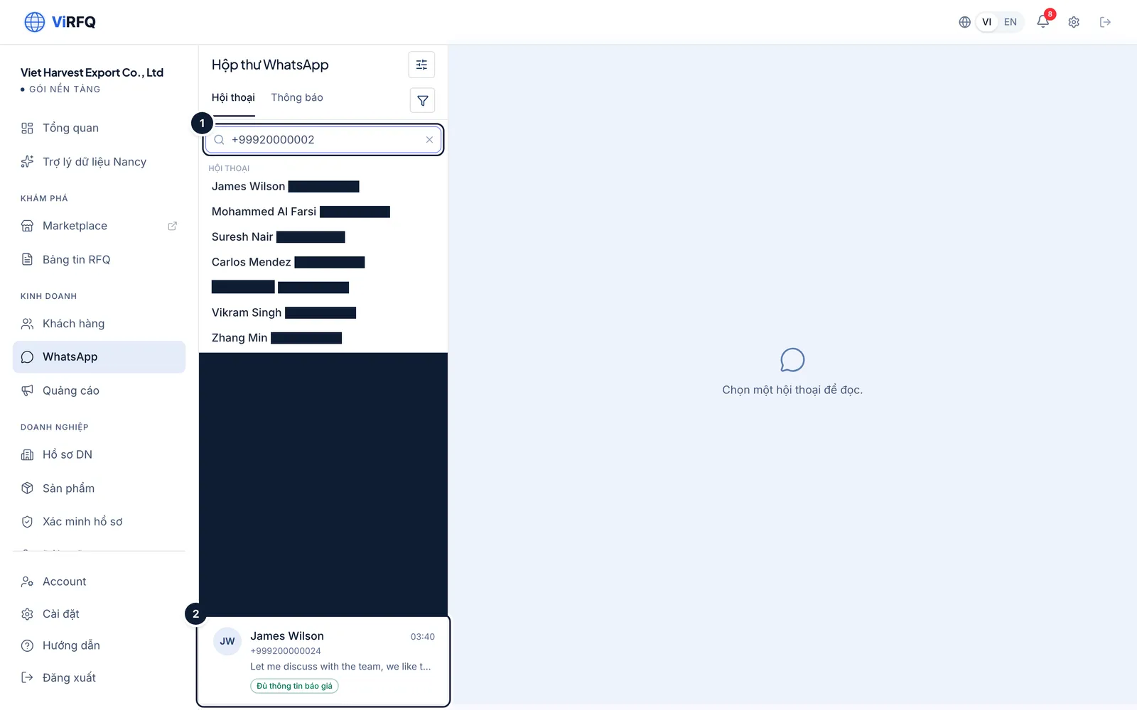The WhatsApp Inbox filtered by a keyword in the search box (1) with one conversation row (2)