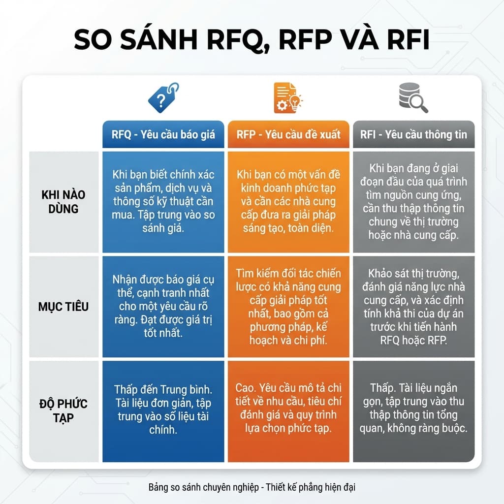 So sánh RFQ, RFP, RFI - Khi nào dùng đúng loại tài liệu mua hàng