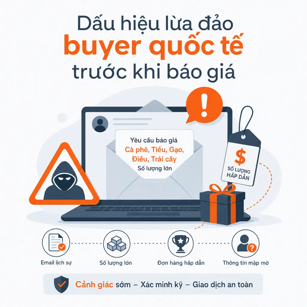 Dấu hiệu lừa đảo buyer quốc tế trước khi báo giá — illustration
