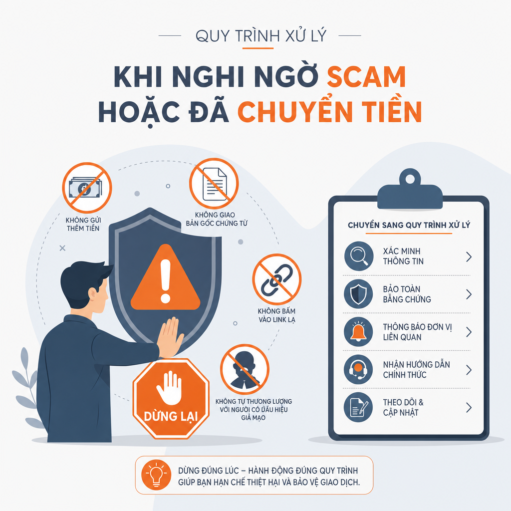 Quy trình xử lý khi nghi ngờ scam hoặc đã chuyển tiền — illustration