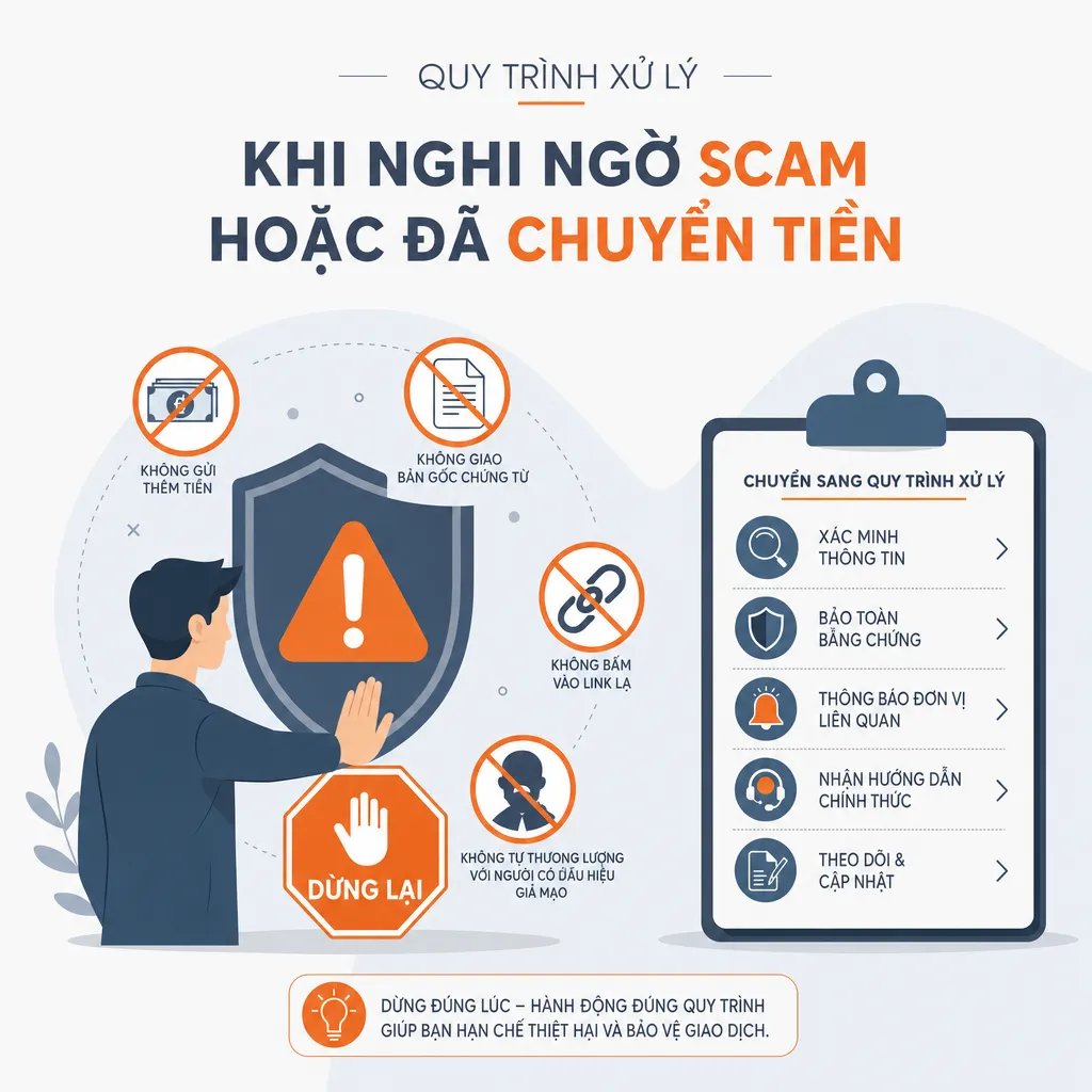 Quy trình xử lý khi nghi ngờ scam hoặc đã chuyển tiền — illustration