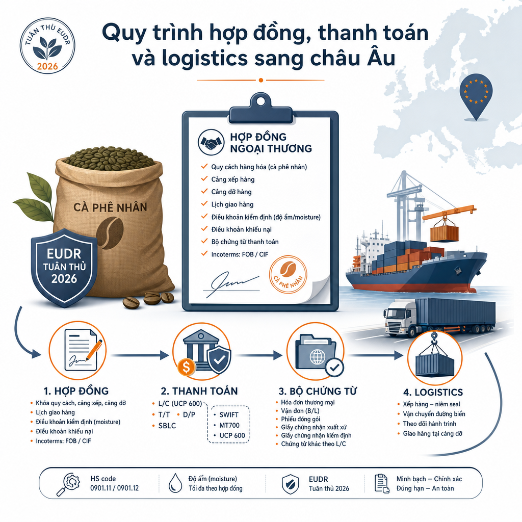 Quy trình hợp đồng, thanh toán và logistics sang châu Âu — illustration