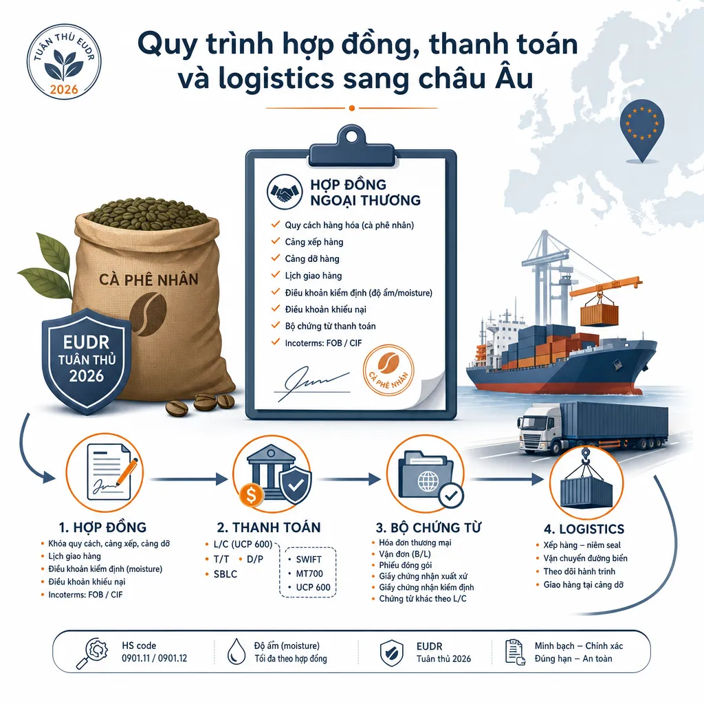Quy trình hợp đồng, thanh toán và logistics sang châu Âu — illustration