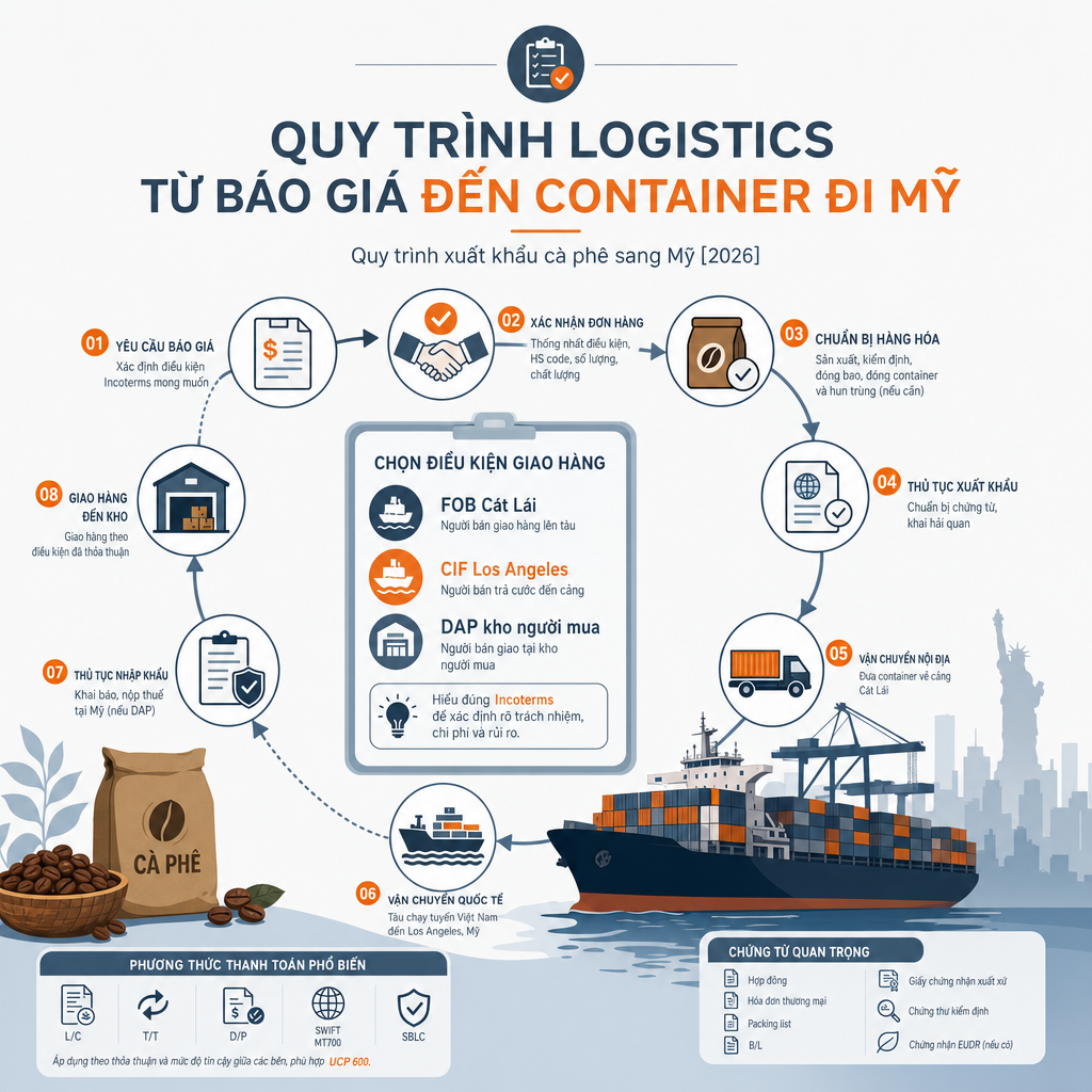 Quy trình logistics từ báo giá đến container đi Mỹ — illustration
