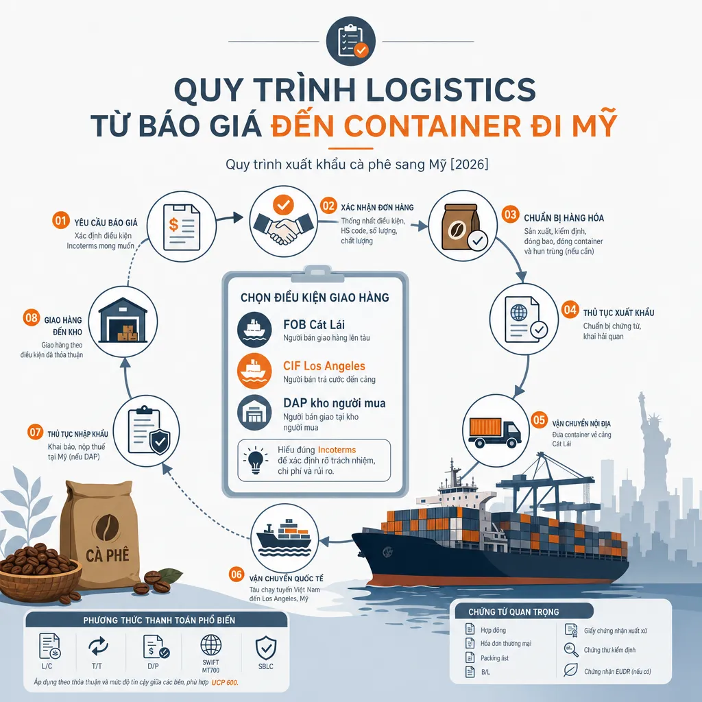 Quy trình logistics từ báo giá đến container đi Mỹ — illustration
