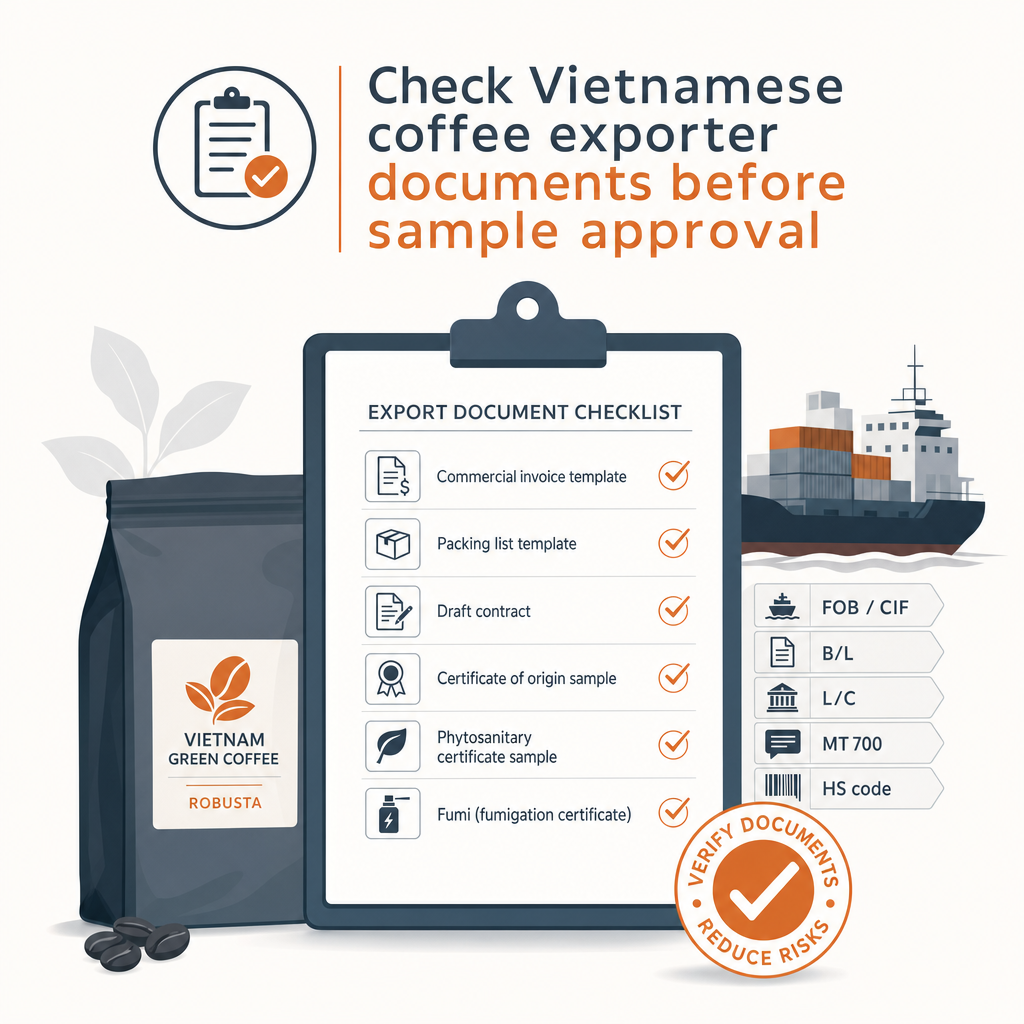 Check Vietnamese coffee exporter documents before sample approval — illustration