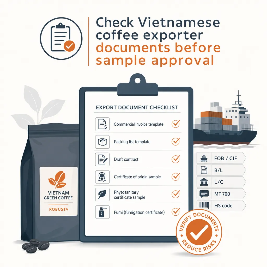 Check Vietnamese coffee exporter documents before sample approval — illustration