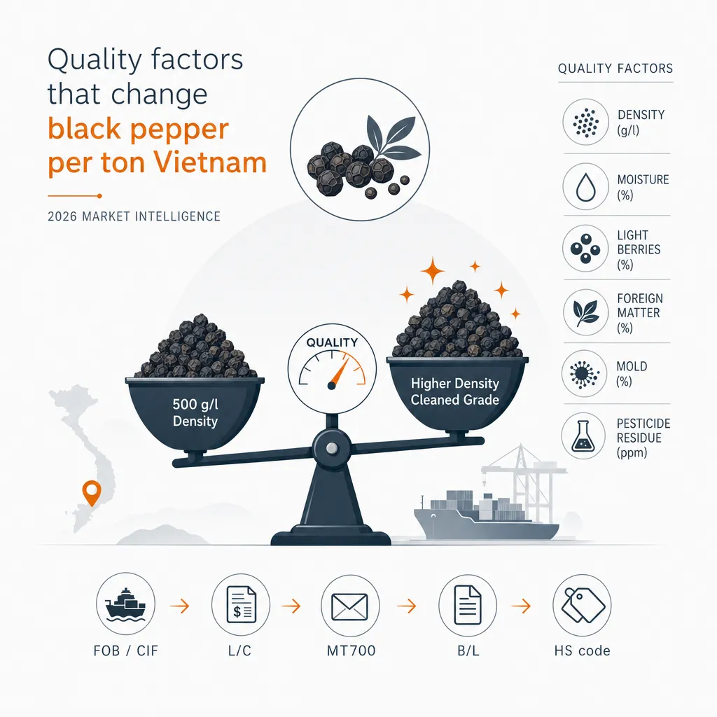 Quality factors that change black pepper per ton Vietnam — illustration