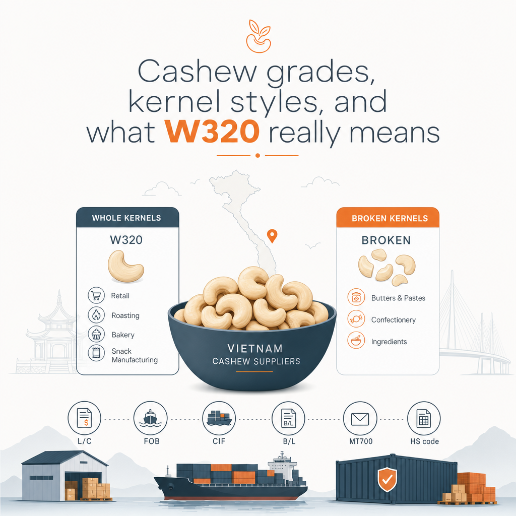 Cashew grades, kernel styles, and what W320 really means — illustration