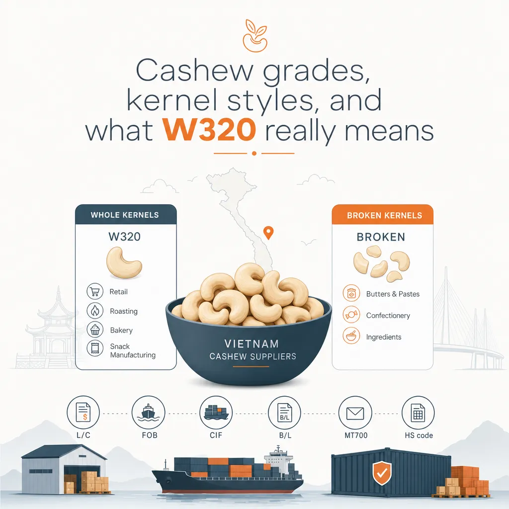 Cashew grades, kernel styles, and what W320 really means — illustration